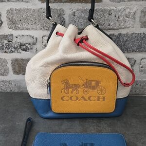 Coach Women's Cream, Blue, and Yellow Mini Bucket Bag And Matching Wallet